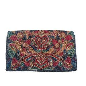 Walborg Multicolor Black Burgundy Gold Beaded Statement Clutch Purse Vtg Korea